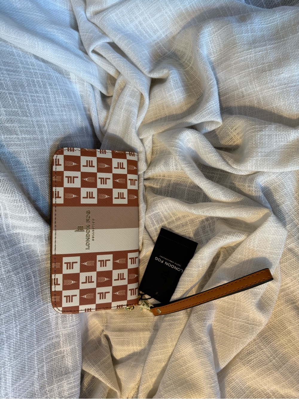 London Fog Tan/White Logo Wristlet with Strap